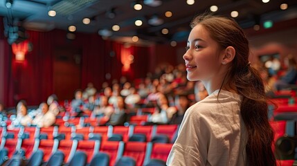 A girl in front of an audience in a concert hall.