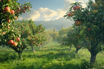 Fototapeta na wymiar Apple orchard with ripe fruits on a sunny day, mountains in the background.
