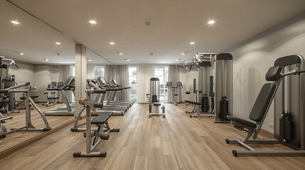 A modern gym with exercise equipment and treadmills. - obrazy, fototapety, plakaty