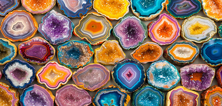 Colorful agate slices, a beautiful natural pattern of geology and minerals in design