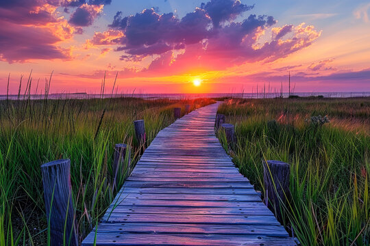 A serene sunset casts vibrant colors over a lush marshland