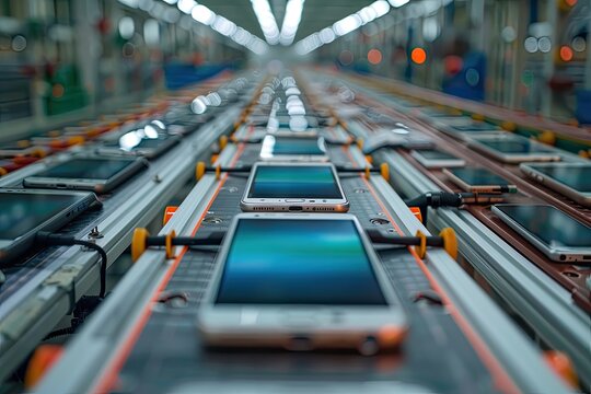 A conveyor for assembling and packaging smartphones.