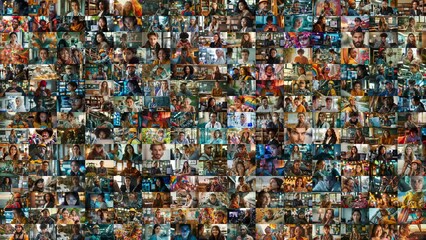 A close up slow motion portrait of a young African American Doctor in a hospital then zooming out to reveal a collage of 225 showing the diversity of people in the United States of America - Powered by Adobe