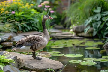 An ornamental goose stands on a rock by a pond with lily pads, surrounded by lush greenery and flowers.