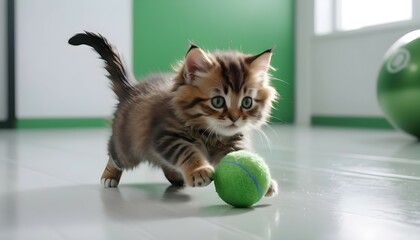 A fluffy little kitty rolling and tumbling after a green ball on a clean white floor.
