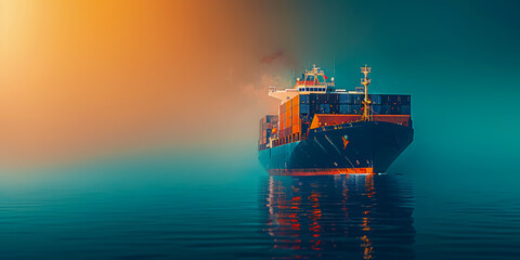 Sunset at the harbor, shipping and transportation industry, container vessel docked - obrazy, fototapety, plakaty