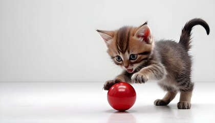 The playful paws of a young kitten reaching out to bat a red ball on an immaculate white ground.