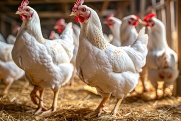 Fototapeta premium A flock of white broiler chickens on straw bedding inside a coop.