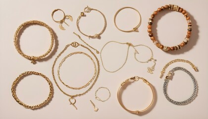 A flat lay featuring a curated assortment of bracelets, including bangles, cuffs, and delicate chain designs.
