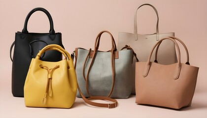 A flat lay showcasing a selection of trendy handbags including crossbody bags, bucket bags, and tote bags.