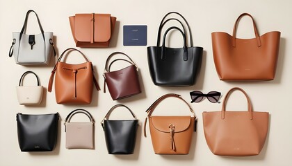 A flat lay showcasing a selection of trendy handbags including crossbody bags, bucket bags, and tote bags.