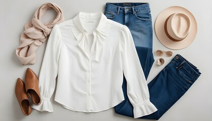 A stylish flat lay of a white blouse, blue jeans, and trendy