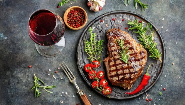Grilled Ribeye with Red Wine on a Dark Stone Background