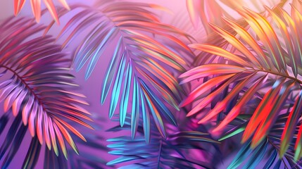 tropical palm leaves in vibrant neon gradient holograph - obrazy, fototapety, plakaty