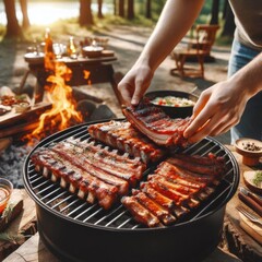 Grilling Pork Ribs Outdoors Picnic and Camping