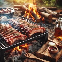 Grilling Pork Ribs Outdoors Picnic and Camping - obrazy, fototapety, plakaty