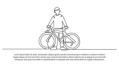Continuous line design of people pushing bicycles while walking . One line decorative elements drawn on a white background.