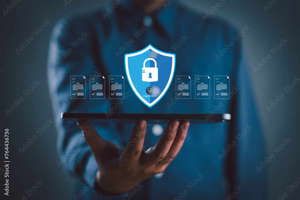 Aufkleber Cybersecurity and privacy concepts to protect data. Lock icon and internet network security technology. Businessman protecting personal data on smartphone, virtual screen interfaces. cyber security.