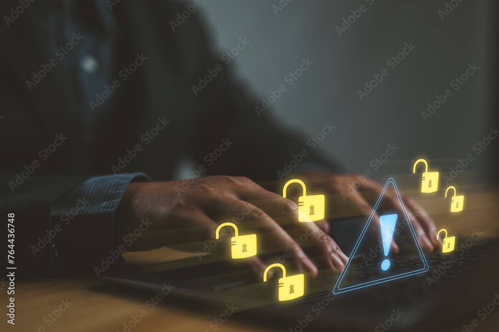 Poster Cybersecurity, Internet cyber crime, Hacker working on computer, Digital crime by an anonymous hacker, System hacked alert after cyberattack, Ransomware, Phishing, Spyware, Compromised information.