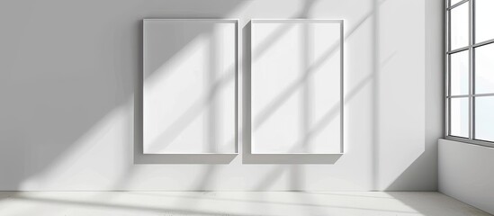 A close up view of a room with two empty white frames on the wall