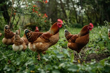 Brown chickens with red combs in an outdoor farm setting. - obrazy, fototapety, plakaty