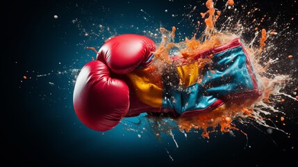 The vivid colours of a boxers glove punching through, illustrating the vibrant journey of overcoming obstacles in sport and life - obrazy, fototapety, plakaty