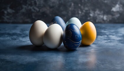 Easter egg display on chic dark blue concrete background, banner format with room for text - 764437306