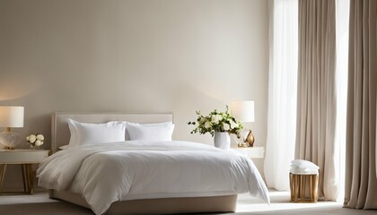 Peaceful bedroom setting, sunlit shadows over white bed linens and decorative vases - 764437313