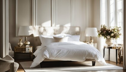 Fototapeta na wymiar Sunlight filtering through serene bedroom, creating shadows on white bedding and vase display
