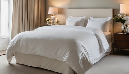 Peaceful bedroom setting, sunlit shadows over white bed linens and decorative vases - 764437316