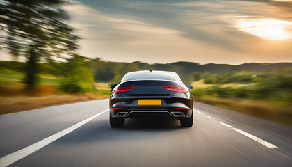 Modern car moving quickly on rural road, motion blur effect in natural setting - 764437327