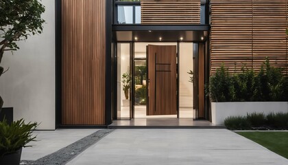 Contemporary living building entrance, modern design with luxury door and front yard - 764437328