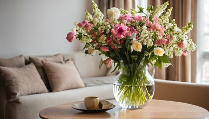 Morning sun lighting up spring flower bouquet in living room, chic apartment decor - 764437331