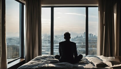 Depressed individual sitting in bed silhouette, in front of window, stress-related sleep problems, mental health focus - 764437338