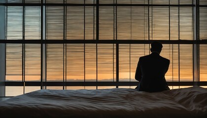 Stressed man's silhouette on bed facing window, sleep difficulties, mental disorder indication - 764437339