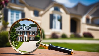 Magnifying glass focusing on residential building for house hunting in rental market - 764437345