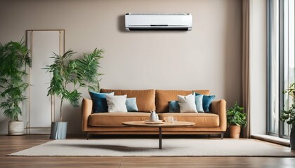 Comfortable home temperature with working air conditioner in living room, ideal for hot summer days - 764437349