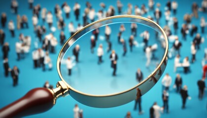 Seeking job candidates, magnifying glass over people on a blue background - 764437353