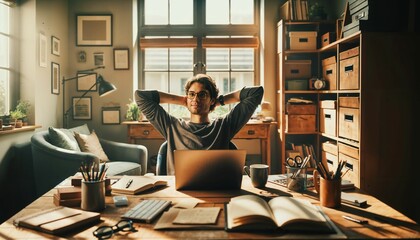 Attractive young individual relaxing in home office after work day
