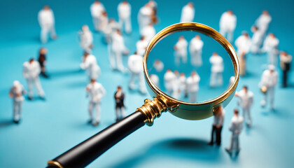 Labor market search, magnifying glass focusing on people, blue backdrop - 764437355