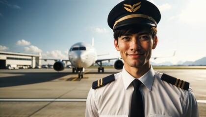 Confident commercial airplane pilot posing on the runway, in front of a passenger jet - 764437363