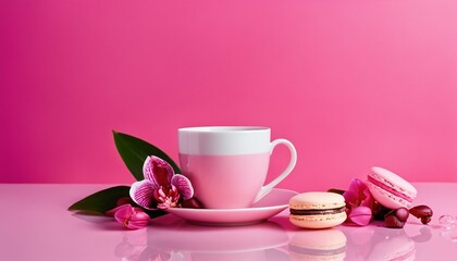 Fototapeta na wymiar Valentine's Day flower composition with pink orchid, coffee cup, and macaroon on pastel background