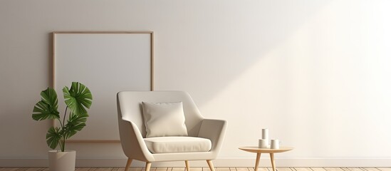 A simple white chair placed in a room next to a green plant, creating a minimalist and natural interior design
