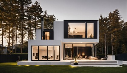 Contemporary cubic house in Scandinavian design featuring a stylish exterior front view - 764437379