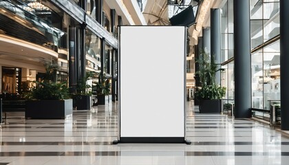 Contemporary digital signboard mockup in a shopping gallery, featuring a blank black and white screen with a blurred background for advertisement - 764437382