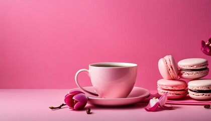 Valentine's Day flower composition with pink orchid, coffee cup, and macaroon on pastel background - 764437393
