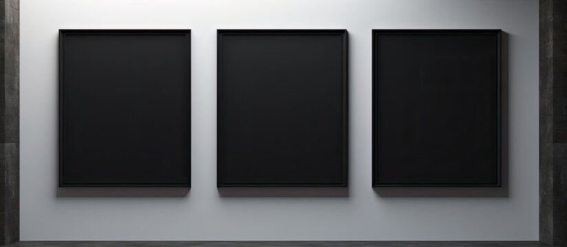 A visual composition of three black picture frames hanging on a white wall against a clean white floor