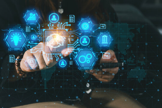 Person is touching a screen with a lot of icons. Concept of technology and the importance of understanding and using it digital internet. Cyber security network data on protection management concept.