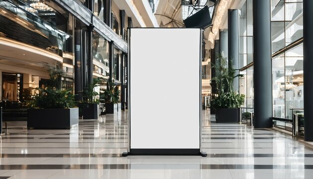 Contemporary digital signboard mockup in a shopping gallery, featuring a blank black and white screen with a blurred background for advertisement