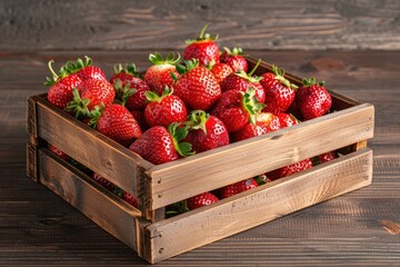 Fresh, ripe strawberries in a wooden crate on a dark wood surface.